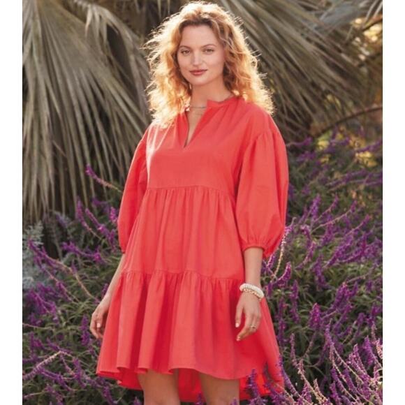 EVEREVE Sundry The Anywhere Babydoll Dress M Red Tiered Balloon Sleeves Cottage - Picture 1 of 16